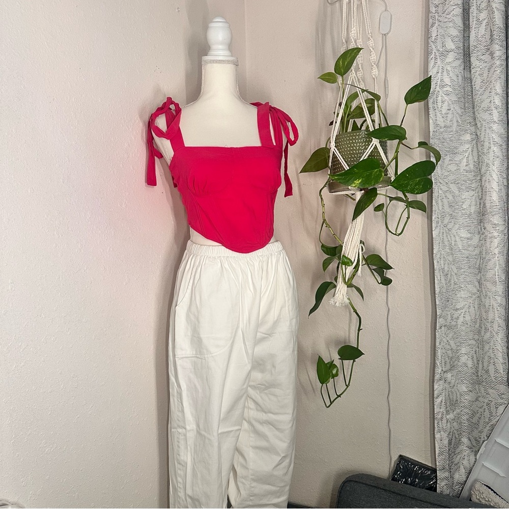 Pink Corset Crop Top with Square Neckline and Tie Straps